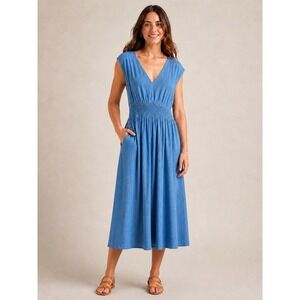 Old Navy Womens Boho Smocked Waist Pocket Midi Dress Blue XL Cotton Chambray